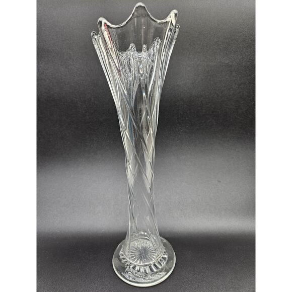 Vintage‎ Dugan Swung Vase Clear Ribbed Swirl Glass Trumpet Scalloped 8 Finger - Picture 4 of 10